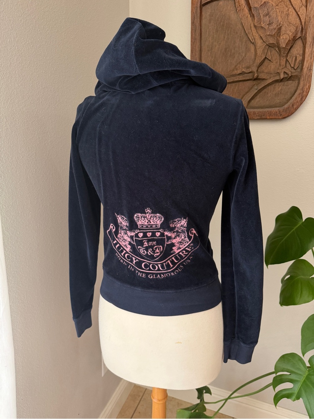 Vintage Juicy Couture Navy Velour Zip Hoodie Pink Crest Y2K Size L